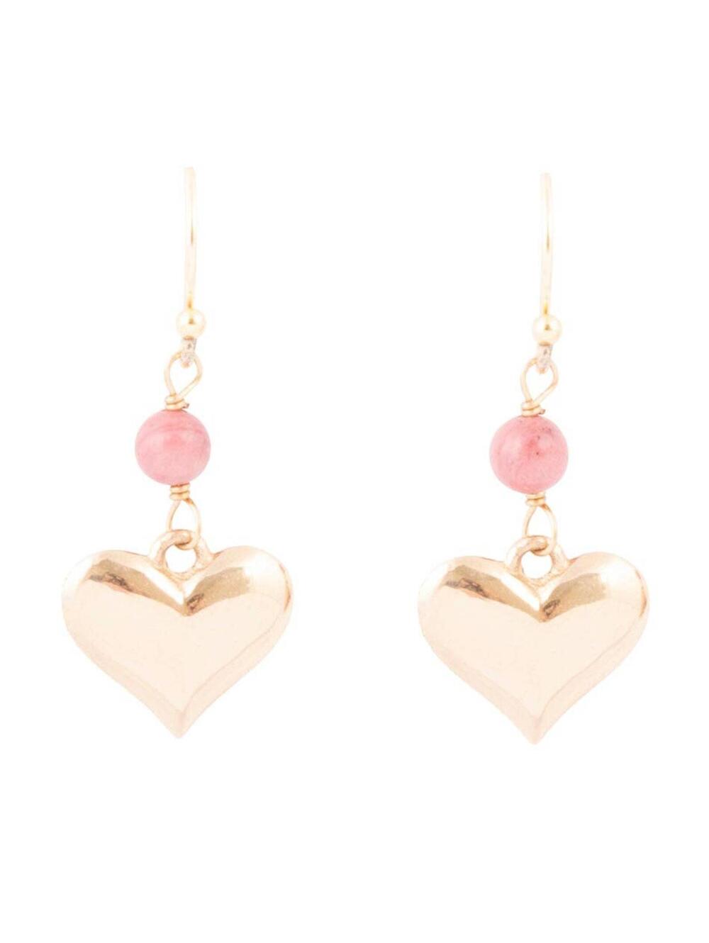 Pink Rhodonite and Golden Bronze Heart Charm Earrings
